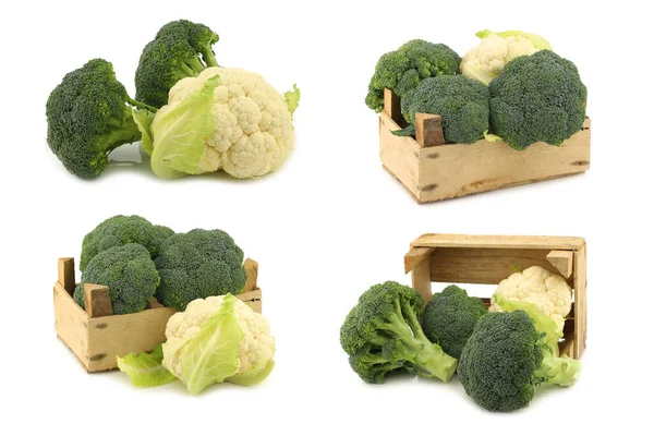 Fresh Cauliflower Broccoli Some Wooden Crate White Background 스톡 이미지
