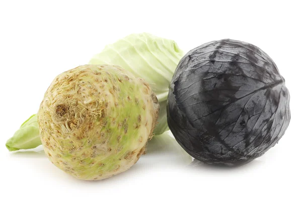 Rotkohl, Grünkohl und eine Selleriewurzel — Stockfoto