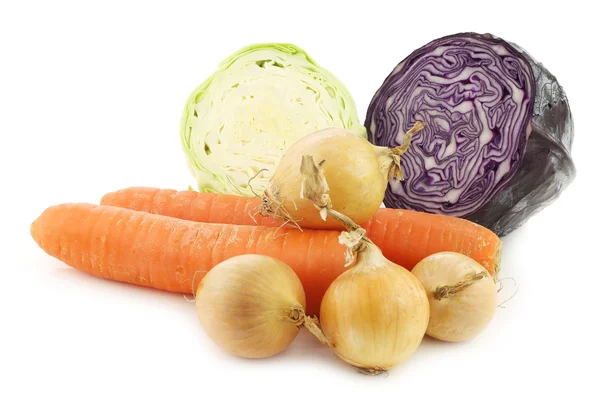 Winterkarotten, braune Zwiebeln, Rotkohl und Spitzkohl — Stockfoto