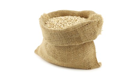 Bir çuval bezi çanta içinde ham organik arpa