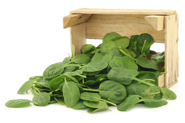 Fresh spinach leaves in a wooden box — Stock Photo, Image