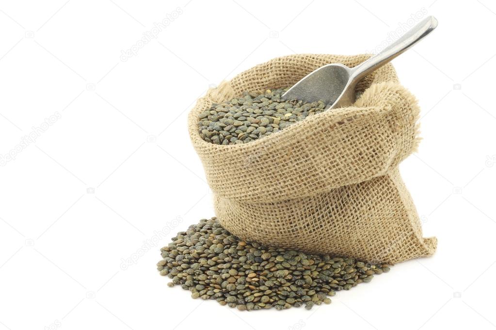 French green lentils (lentilles du Puy) in a burlap bag