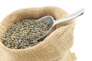 French green lentils (lentilles du Puy) in a burlap bag