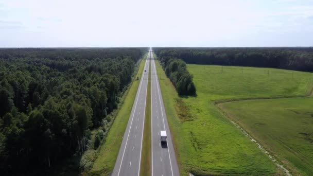 Tehergépjármű-vezető pótkocsival rakomány szállítása sebességen Intercity Highway Aerial View — Stock videók