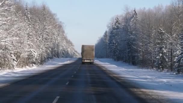LKW eines Transportunternehmens fährt im Winter auf Autobahn mit Ladung — Stockvideo
