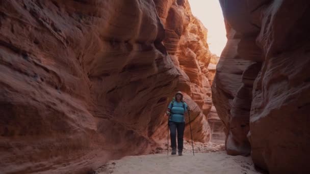 Wandelaar wandelen op droge bocht Riverbed In Deep Slot Canyon met oranje gladde rotsen — Stockvideo