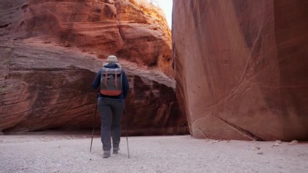 Tourist Trekking On Sandy Desert In Slot Canyon With Orange Rock Formation — Stock Video