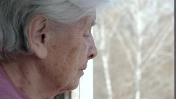 Viejo anciano 80s 90s caucásico mujer con gris pelo mirando tristemente fuera ventana — Vídeos de Stock