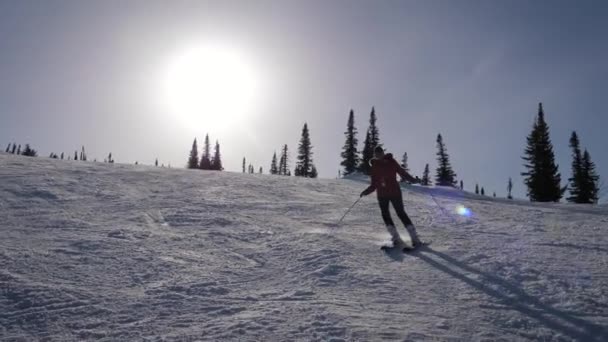 Sciatore di montagna Sciare sulla pista da sci in località montana il giorno soleggiato in inverno — Video Stock