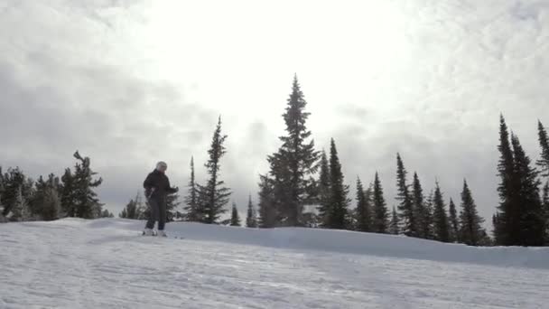 Narciarstwo na nartach na Tłoku Narciarskim w górach w słoneczny dzień w zimie w ruchu — Wideo stockowe
