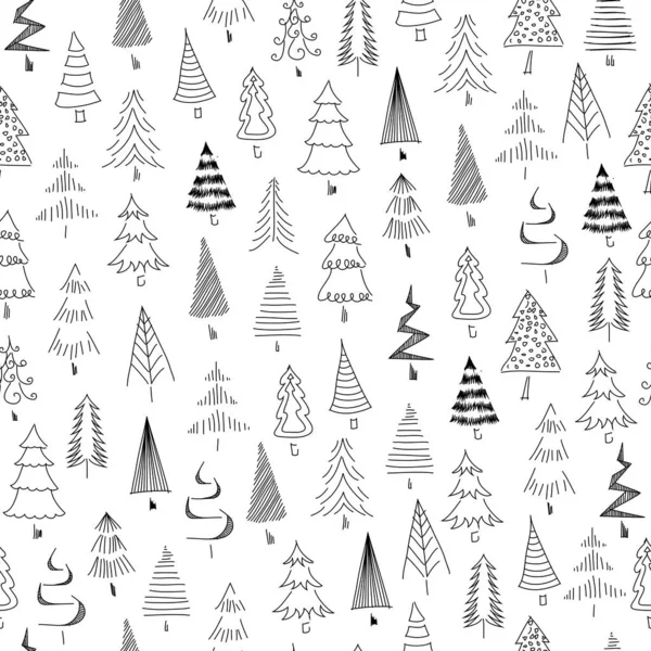 Met Hand Geschilderde Kerstbomen Naadloze Textuur Abstracte Zwarte Witte Dennenboom Rechtenvrije Stockillustraties