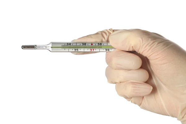 Hand in a glove holding a mercury thermometer isolated on white — Stock Photo, Image