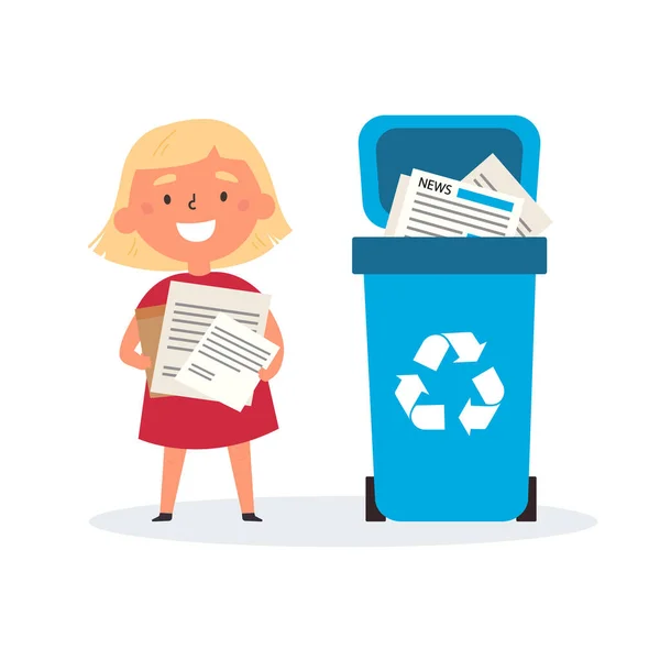 Nettes Mädchen sortiert Müll und Müll für das Recycling — Stockvektor