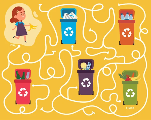 Recycling maze for kids with a solution — Stock Vector