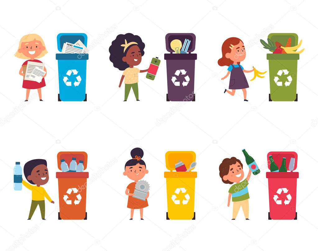 Group of happy multinational children collect metal, paper, organic, plastic, glass and electronic waste in trash bins of different colors. Waste sorting. Vector illustration in cartoon style.