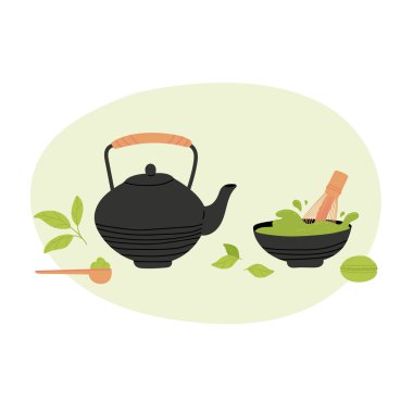 Matcha çayı vektör çizimi. Koleksiyon nesneleri beyaza izole edildi. Yeşil çay hazırlama aksesuarlarının el çizimi. Renkli moda illüstrasyonu