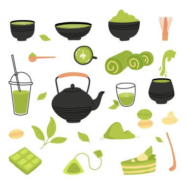 Matcha 'dan yapılmış çeşitli çay ürünleri. Kibrit tozu, çırpı, makarna, pasta, bambu kaşığı, çaydanlık, içecek, şeker, çay, çay yaprağı, çikolata. El çizimi vektör seti. Renkli moda illüstrasyonu