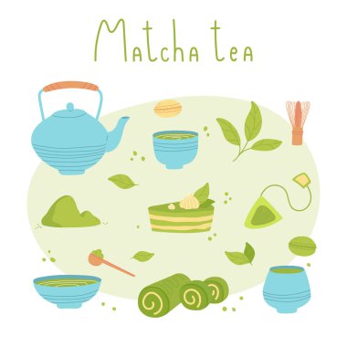 Matcha 'dan yapılmış çeşitli çay ürünleri. Kibrit tozu, çırpı, makarna, kek, bambu kaşığı, çaydanlık, içecek, şeker, çay. Harflerle çizilmiş el çizimi vektör. Renkli moda illüstrasyonu