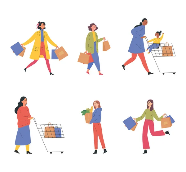 Συλλογή από χαρούμενους ανθρώπους ψώνια — Διανυσματικό Αρχείο