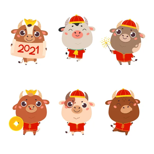 Conjunto de lindos bueyes de dibujos animados y vaquas.Feliz año nuevo — Vector de stock