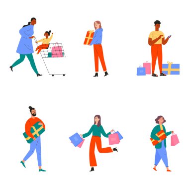 Hediyeler ve hediyelerle dolu mutlu insanlar koleksiyonu