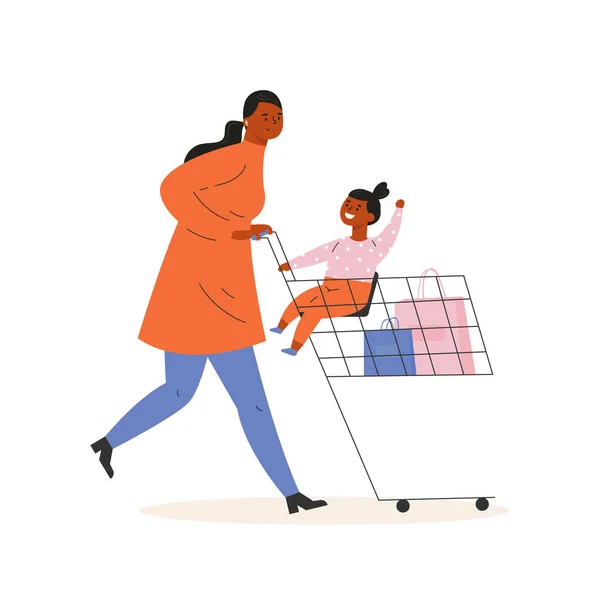 Madre con una hija en un carro haciendo compras — Archivo Imágenes Vectoriales