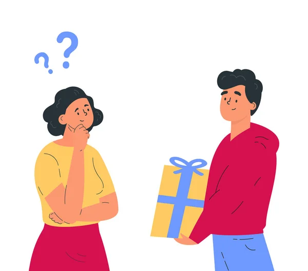 Der Mann schenkt einer Frau ein Geschenk. Frau hat eine Frage. — Stockvektor