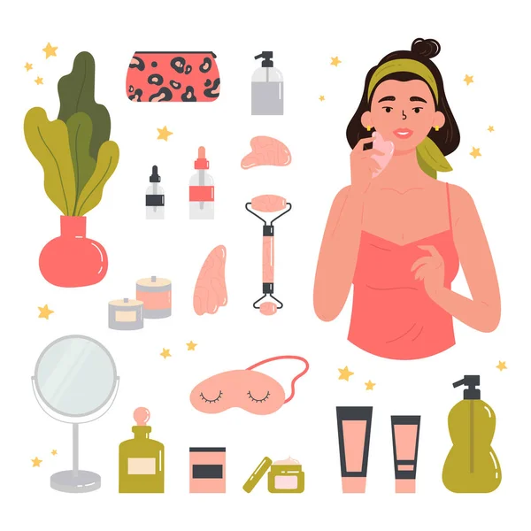 Fille avec divers cosmétiques et accessoires. — Image vectorielle