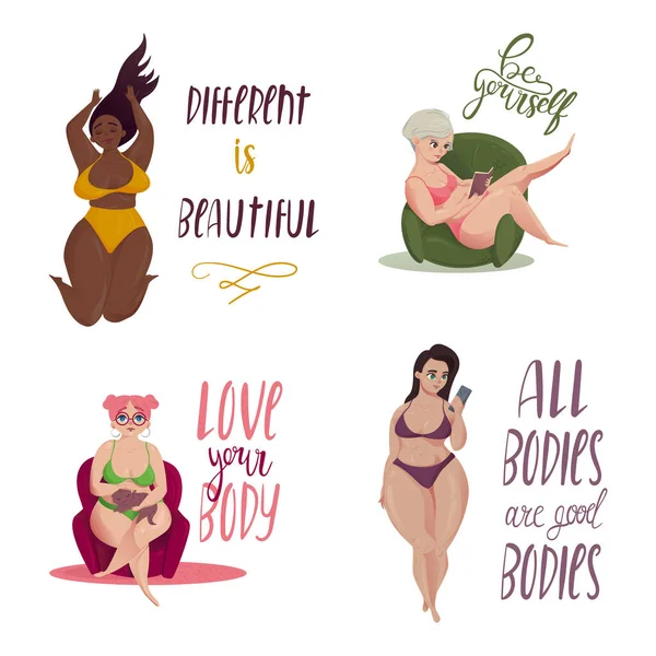 Joyeux plus les filles de taille en bikini. Corps positif. — Image vectorielle