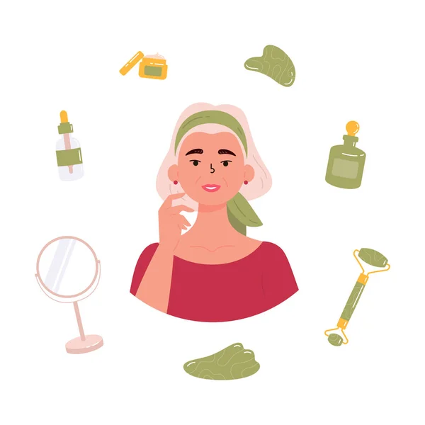 Metodo di cura della pelle anti-invecchiamento. Gua Sha. — Vettoriale Stock