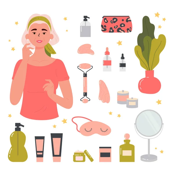 Fille avec divers cosmétiques et accessoires. — Image vectorielle