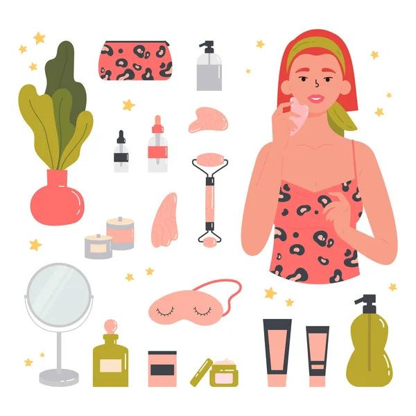 Chica con diversos cosméticos y accesorios. — Vector de stock