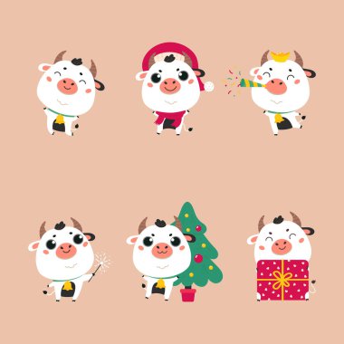 Bir çift şirin öküz ve inek. Mutlu yıllar. 