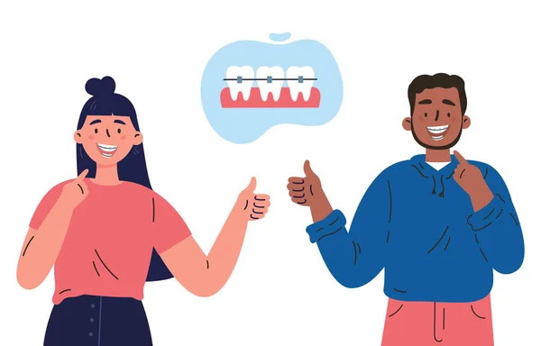 Donna e uomo alla moda con i denti braces.Dental cura — Vettoriale Stock