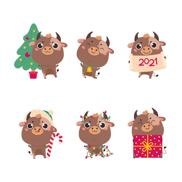 Σύνολο χαριτωμένο βόδι καρτούν και αγελάδες.Ευτυχισμένο το νέο έτος — Διανυσματικό Αρχείο