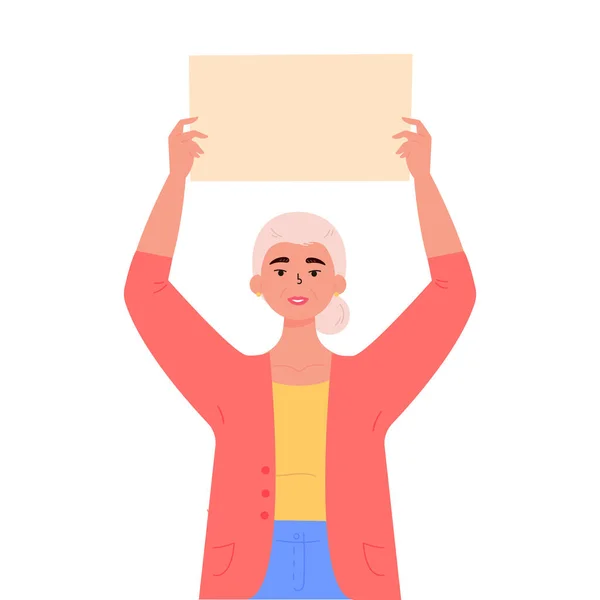 Donna anziana con un manifesto in bianco. — Vettoriale Stock
