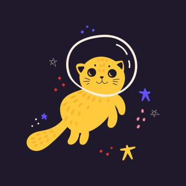 Uzayda kedisi olan sevimli bir illüstrasyon.