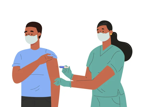 Una enfermera hace una vacuna al paciente masculino. — Vector de stock