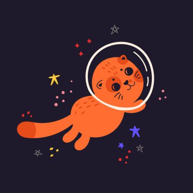 Uzayda kedisi olan sevimli bir illüstrasyon.