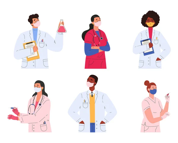 Diferentes médicos, enfermeiros e cientistas. —  Vetores de Stock