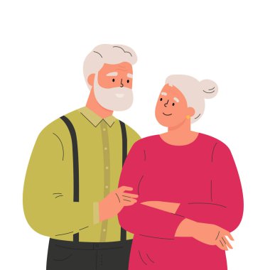 Mutlu yaşlı adam karısına sarılıyor. 