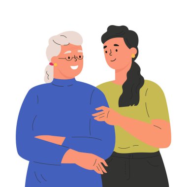 Mutlu yetişkin kız, yaşlı anneye sarılıyor. 