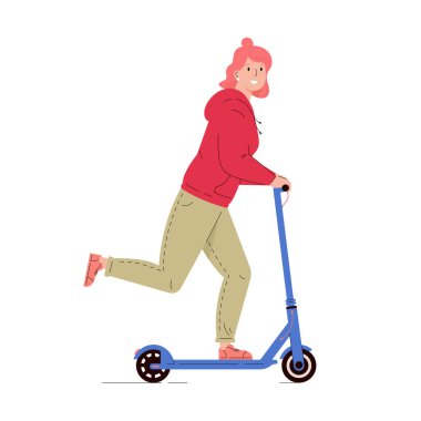 Aktif genç bir kadın elektrikli scooter kullanıyor.. 