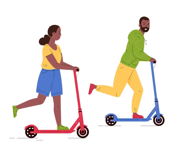 Hombre y mujer montando scooters eléctricos a pie. — Vector de stock