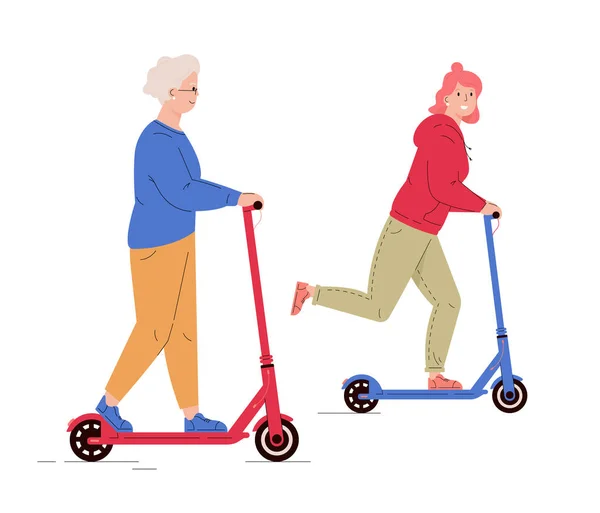 Alte und junge Frau fahren Elektro-Roller. — Stockvektor