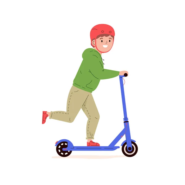 Chłopiec w kasku jeździ na skuterze elektrycznym. — Wektor stockowy