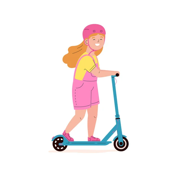 Gadis dalam helm mengendarai skuter berjalan listrik. - Stok Vektor