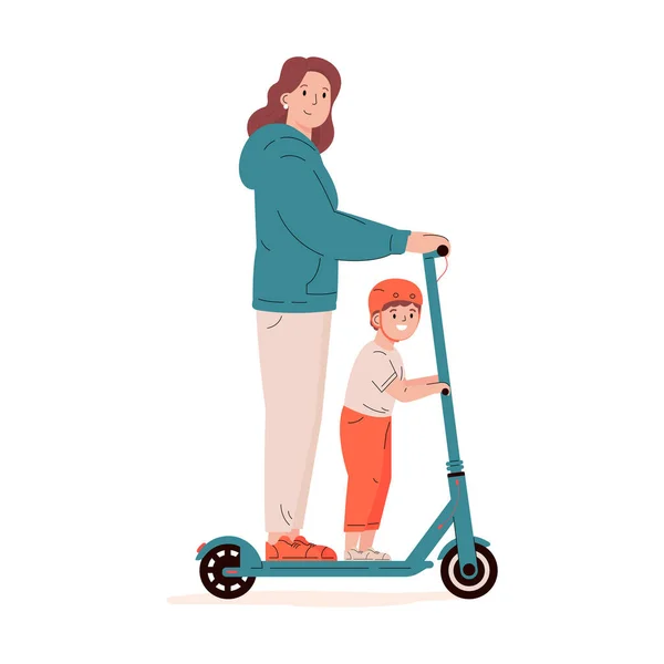 Młoda aktywna kobieta jeździ na skuterze z dzieckiem. — Wektor stockowy
