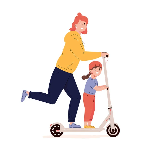 Jeune femme active monte un scooter avec un enfant. — Image vectorielle