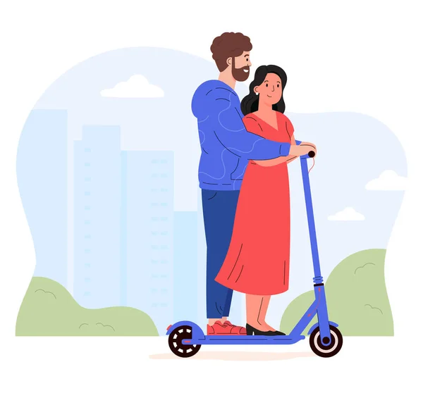 Passeios de casal juntos em uma scooter elétrica. —  Vetores de Stock
